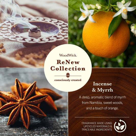 photo collage of woodwick renew collection incense and myrrh