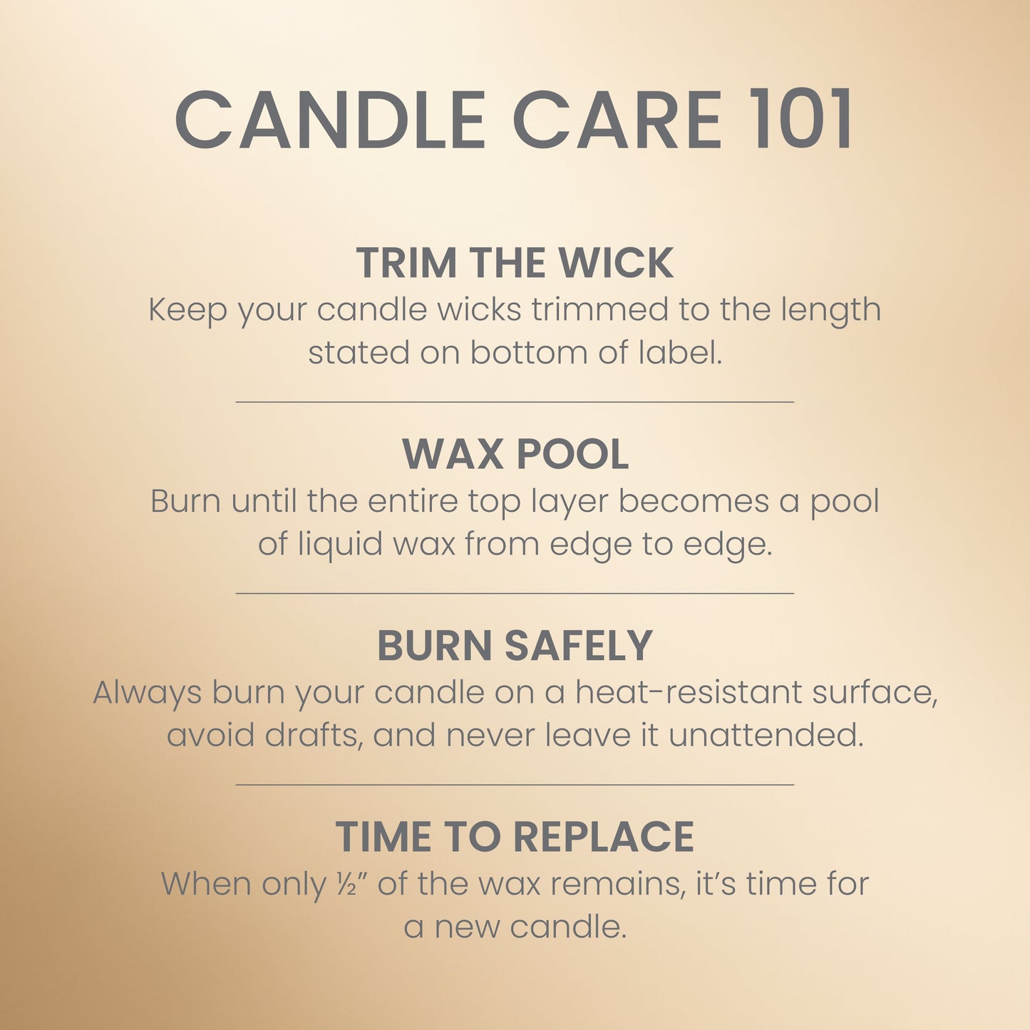 Candle care tips guide with burn safety, wick trimming, wax pool advice, and replacement instructions shown.