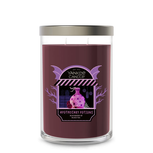 Large purple soy wax candle in glass jar with apothecary potions label, double wick, home decor accessory